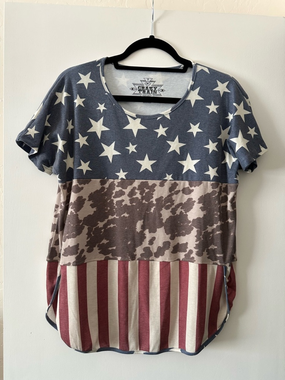 Crazy Train Flag Print Short Sleeve Tee - Blue, Brown, Red